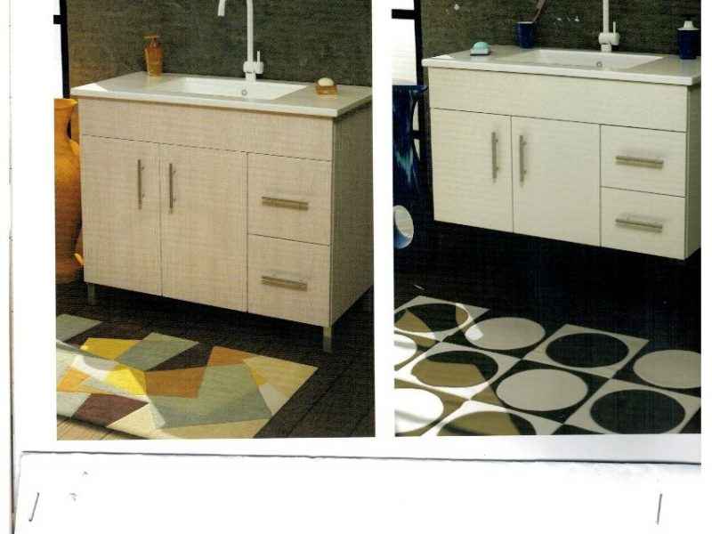 ארון פורמייקה "יותם" אלגנט / קלאסי מגירות ודלתות כולל כיור חרס אינטגרלי ומראה מרחפת 90/100 ס"מ – 1.560 ש"ח