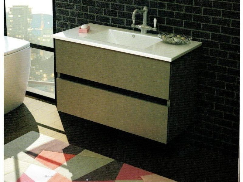 ארון פורמייקה תלוי "שיראל" מגירות וכיור חרס אינטגרלי ומראה מרחפת. מידות 70/80 ס"מ – 1.540 ש"ח